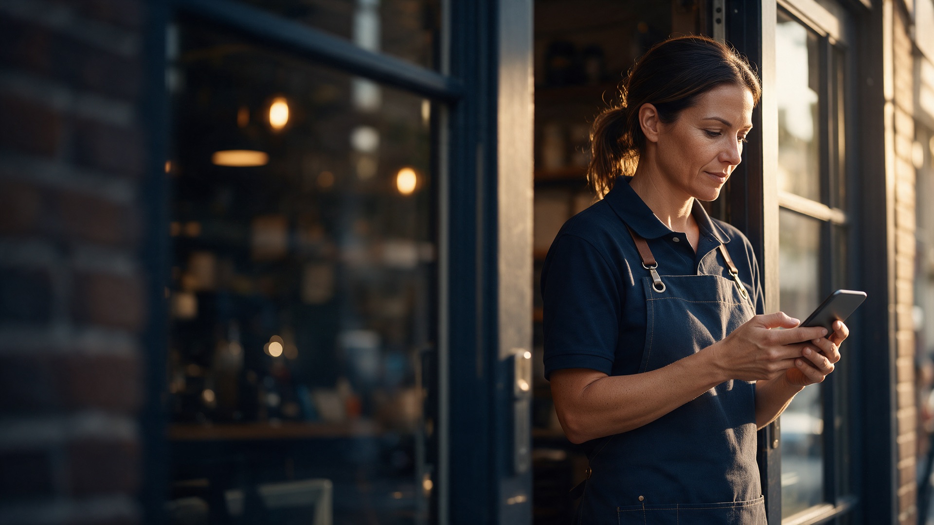 A shop owner in an apron checks her phone in the doorway of her storefront