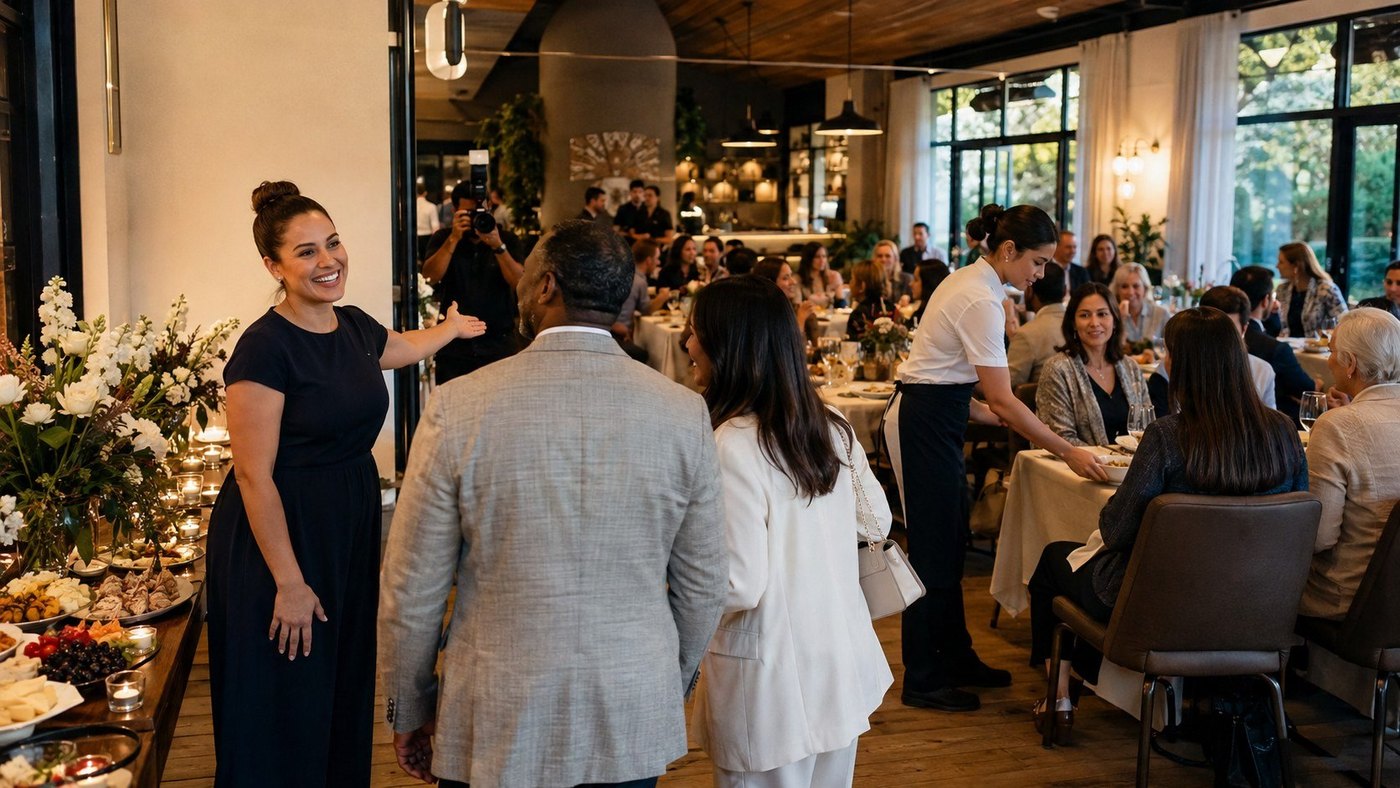 Host welcoming guests at a busy restaurant event