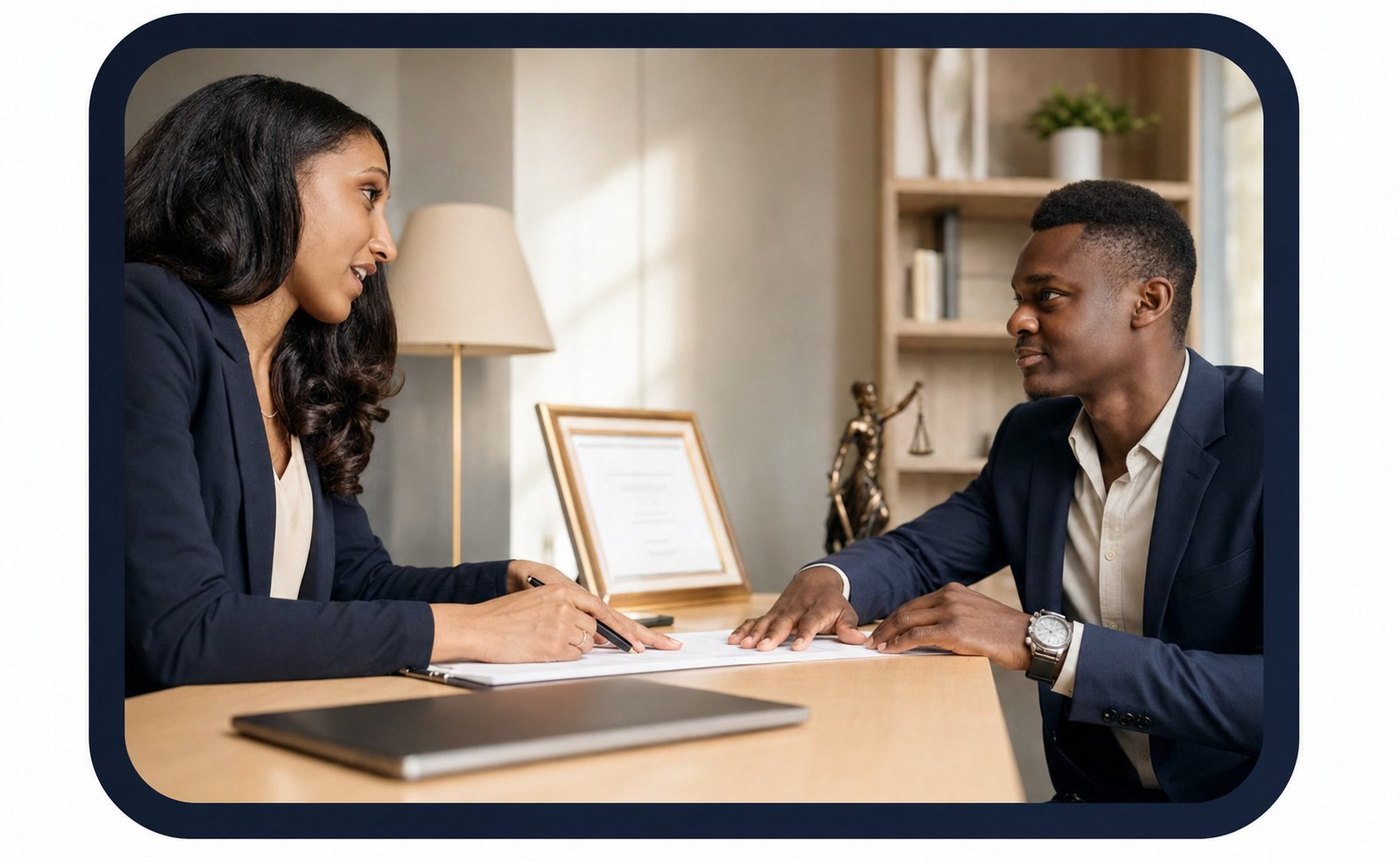 Professional adviser meeting with a client across a desk