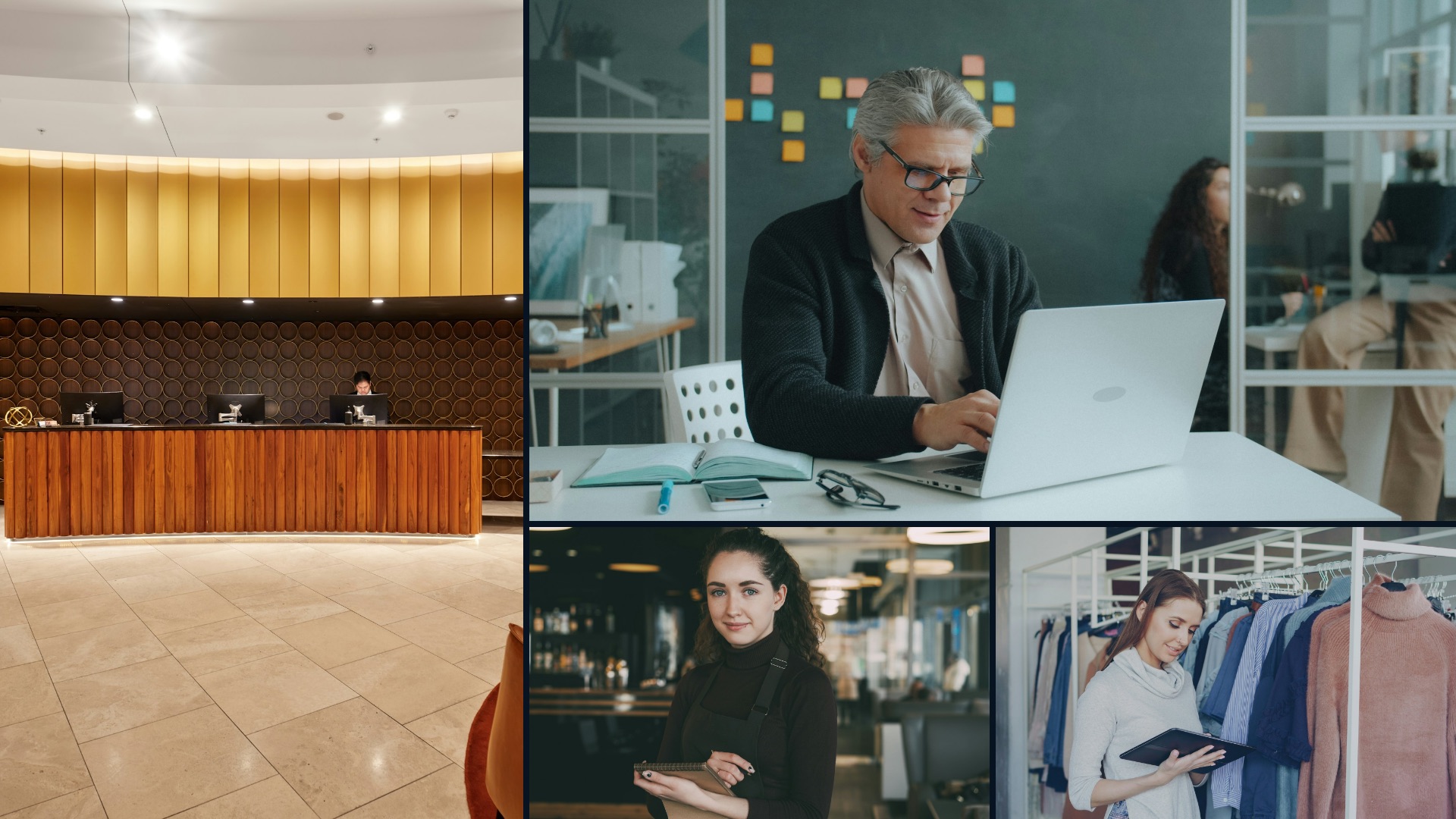 A collage of four workplaces: a hotel reception, a manager at a laptop, a restaurant server and a store manager with a tablet